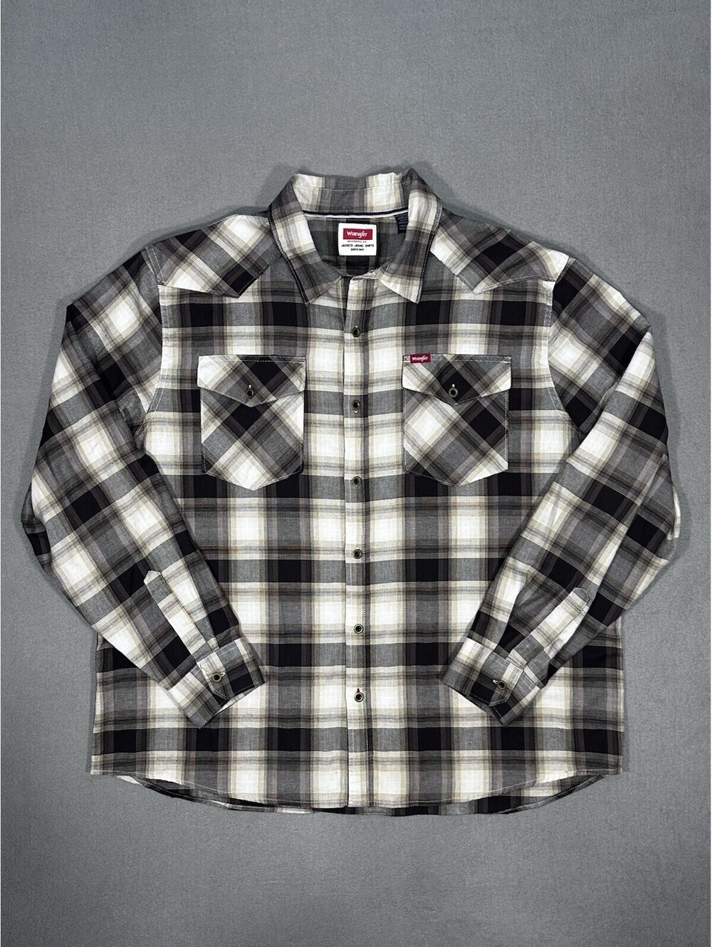 Wrangler Plaid Button Up Shirt Men’s 2XL Gray Black Snap Western